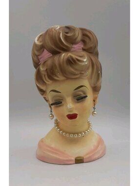 Vintage Lady Head Vase Rubens 485 Circa 1950s Pink Dress Ribbon 6 1/2 In Tall